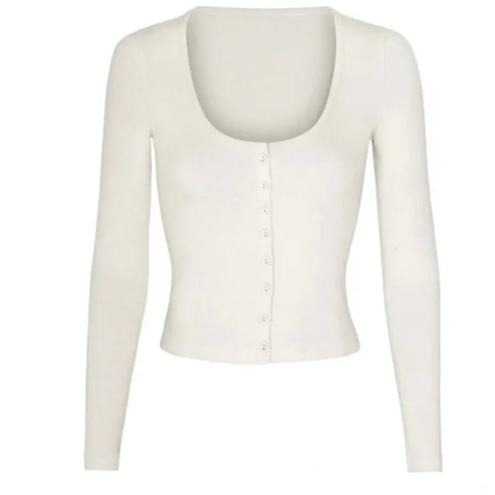 NWT SKIMS Lace Pointelle Henley Top, Bone, Sz M O